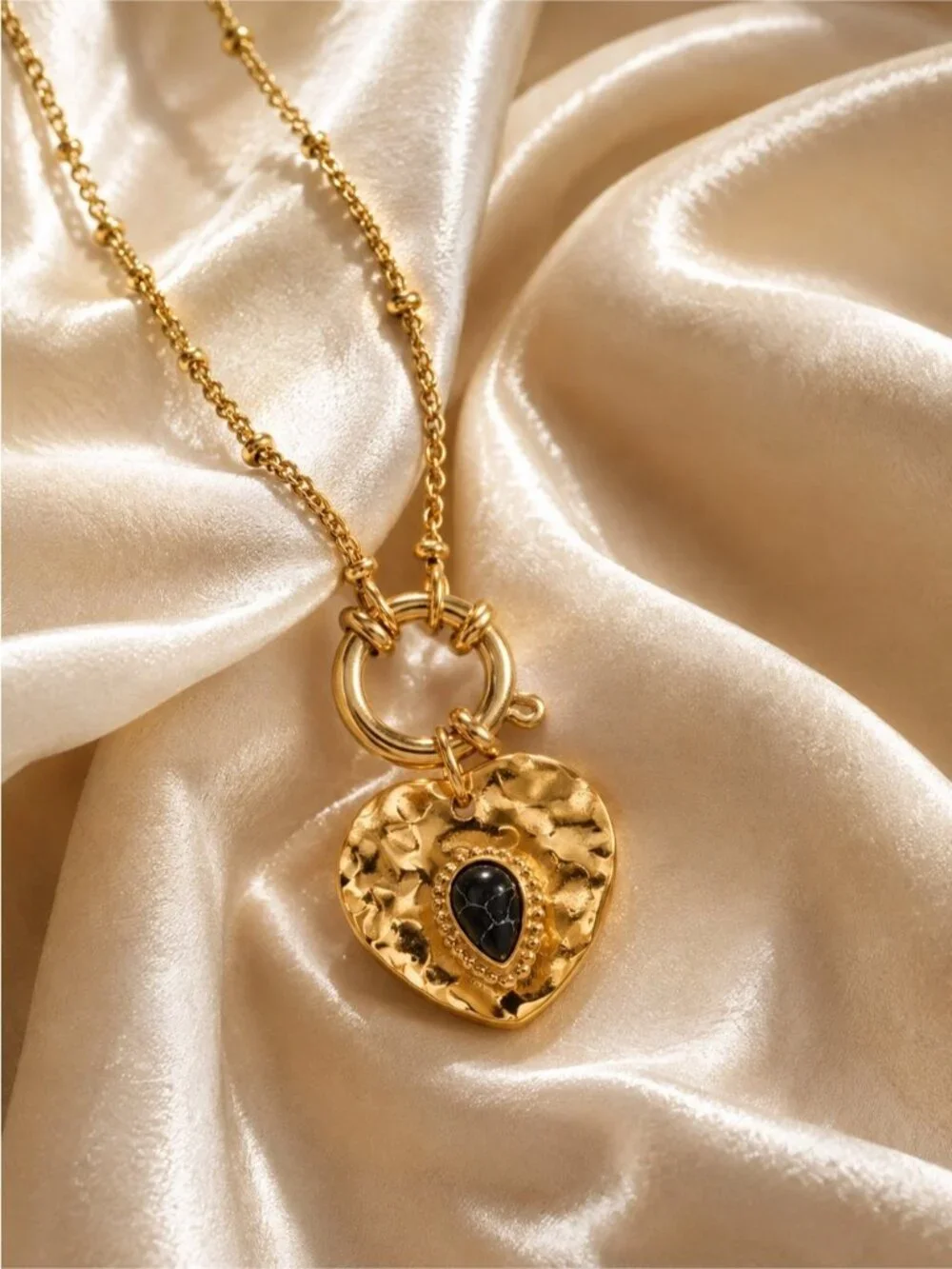 Gold plated Heart Pendant Necklace with Black Teardrop Accent